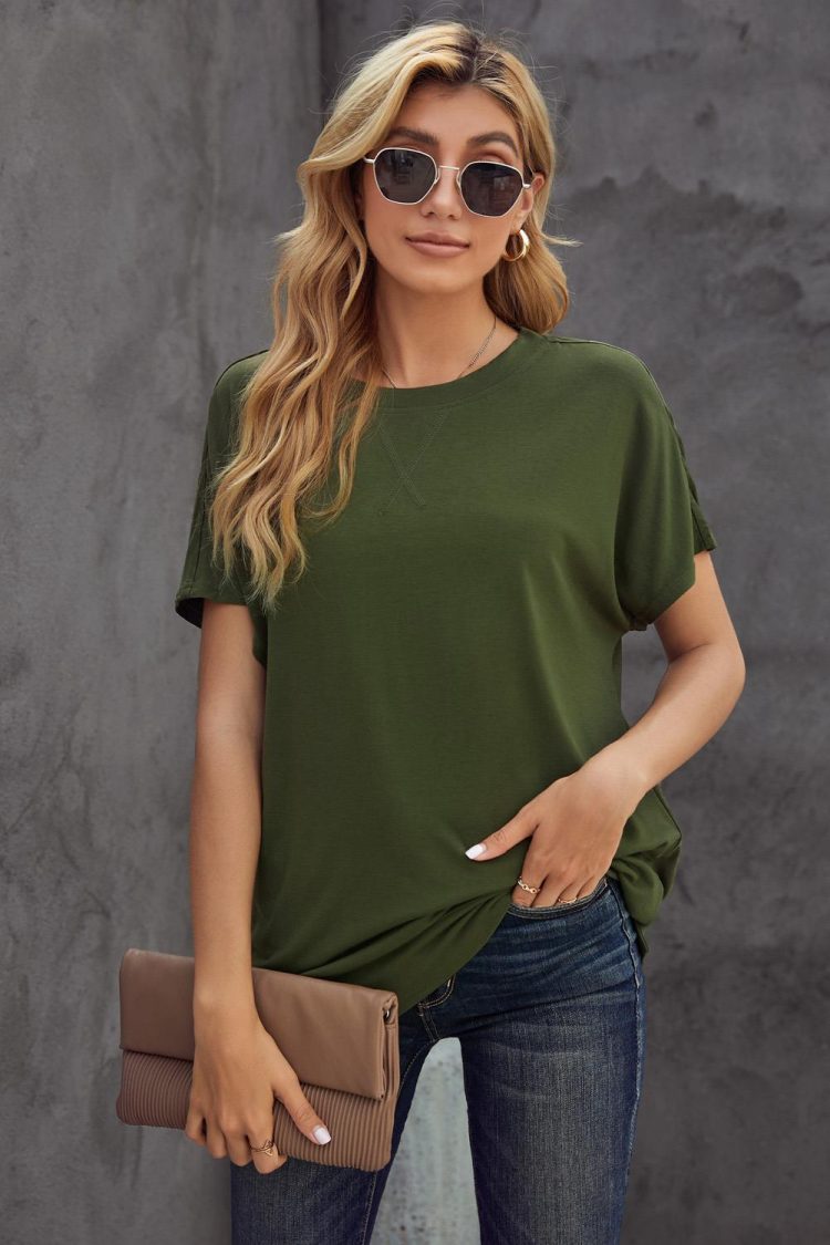 Nicola Women's Round Neck Short Sleeve Solid Color Tee Green