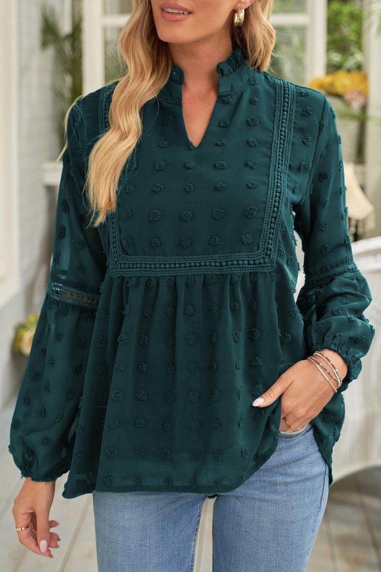 Pamela Women's Ruffled Split Neck Lace Hollow Out Puff Sleeve Polka Dot Blouse Green