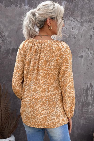 Patience Women' Patch Drawstring Long Puff Sleeve Blouse Leopard