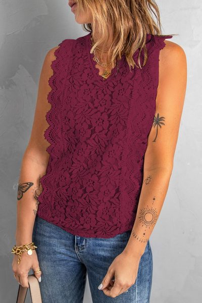 Queenie Women's Lace V Neck Tank Top Wine Red