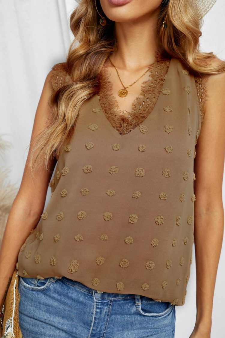 Reba Women's Swiss Dot Lace Stitching V Neck Tank Top Brown