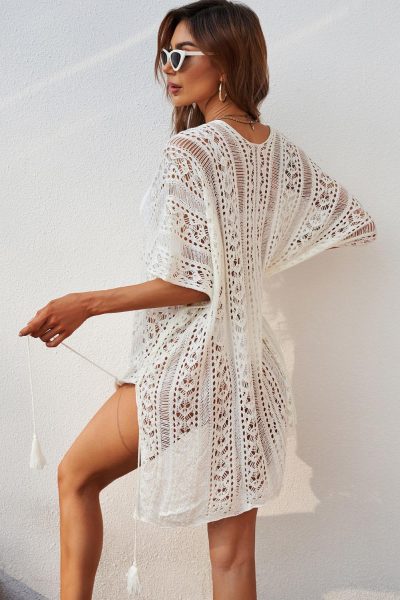 Stephanie Women's Crochet Knitted Tassel Tie Kimono Beachwear White