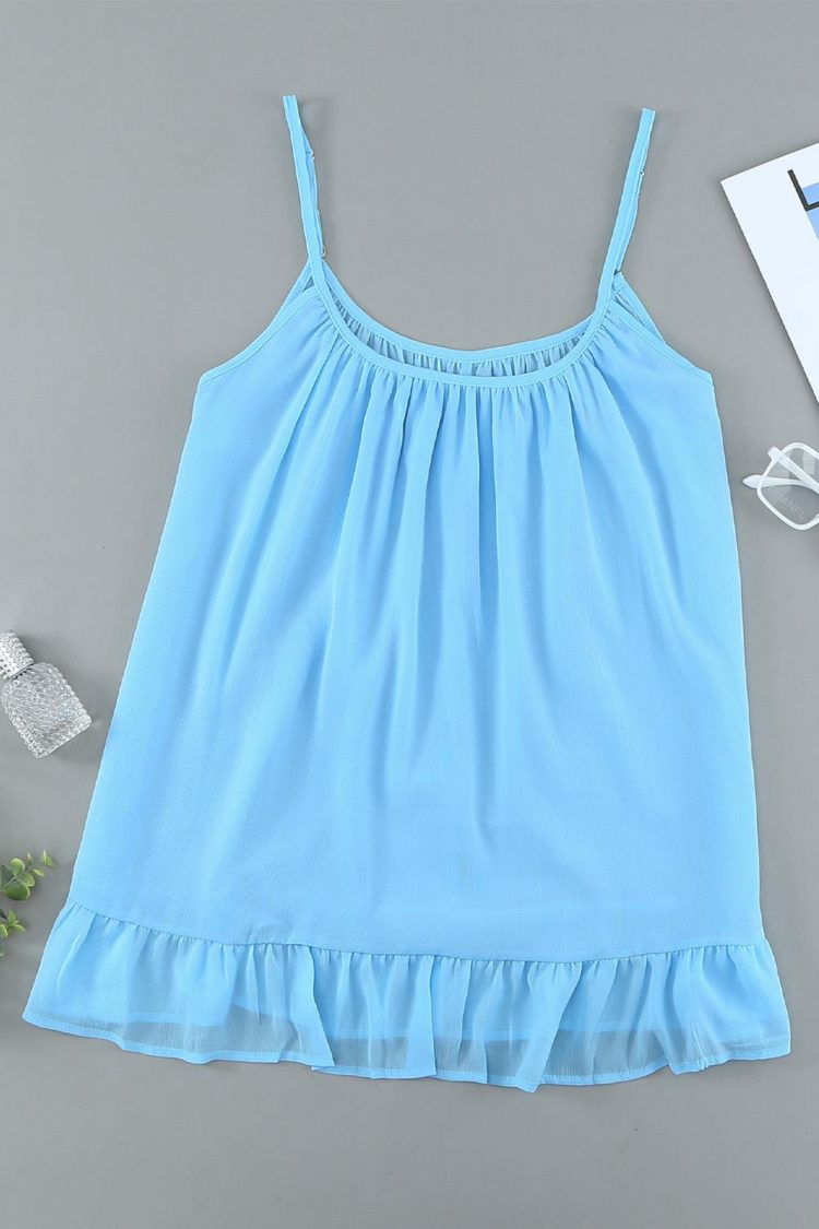 Venus Women's Spaghetti Straps Pleated Ruffled Tank Top Light Blue