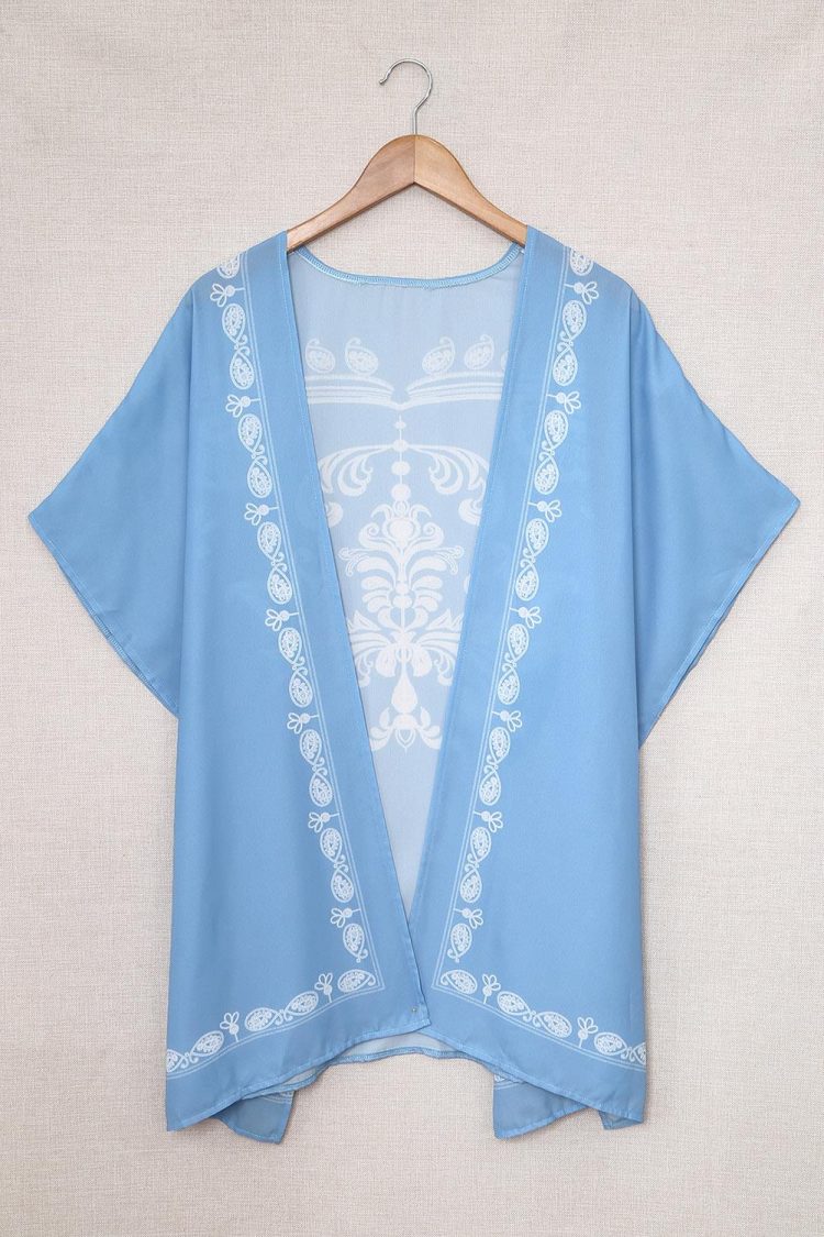 Virginia Women's Sky Blue Retro Floral Pattern Kimono Beach Cover up