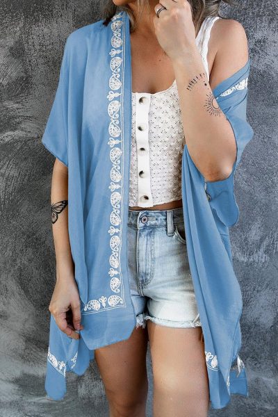 Virginia Women's Sky Blue Retro Floral Pattern Kimono Beach Cover up