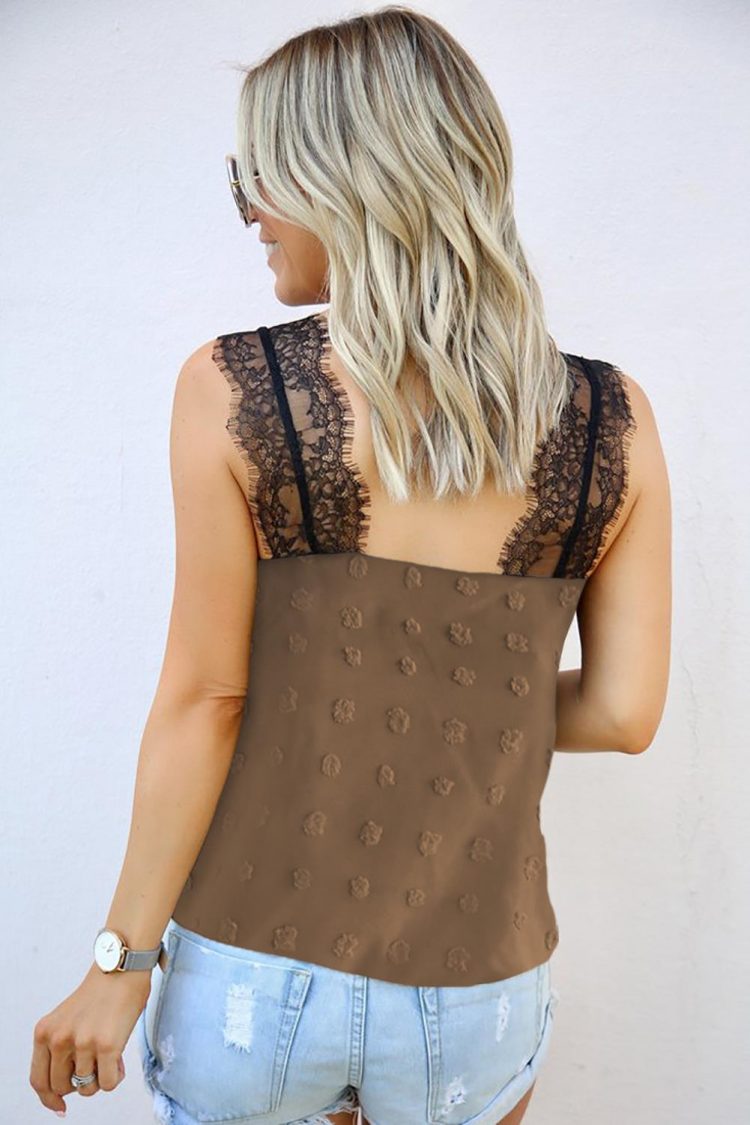 Zenobia Women's Lace Swiss Dots V Neck Tank Brown