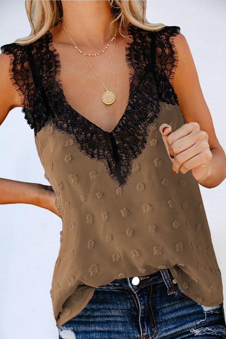 Zenobia Women's Lace Swiss Dots V Neck Tank Brown